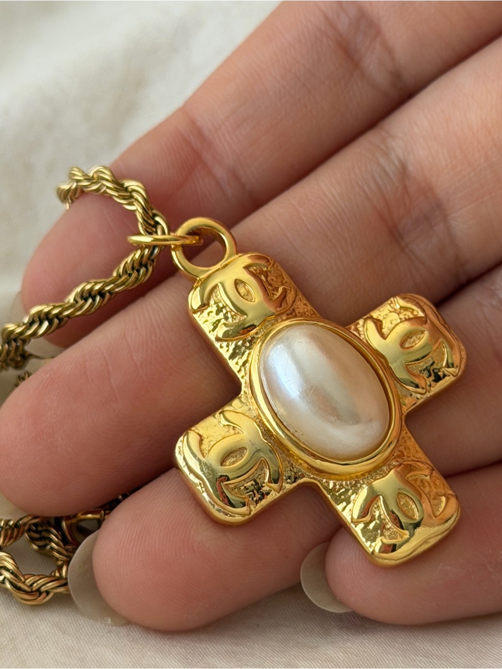 Gold Chanel Cross CC Pendant Necklace with Pearl Center - Picture 16 of 17